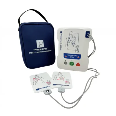 PRESTAN AED Ultratrainer device on training table with electrode pads attached