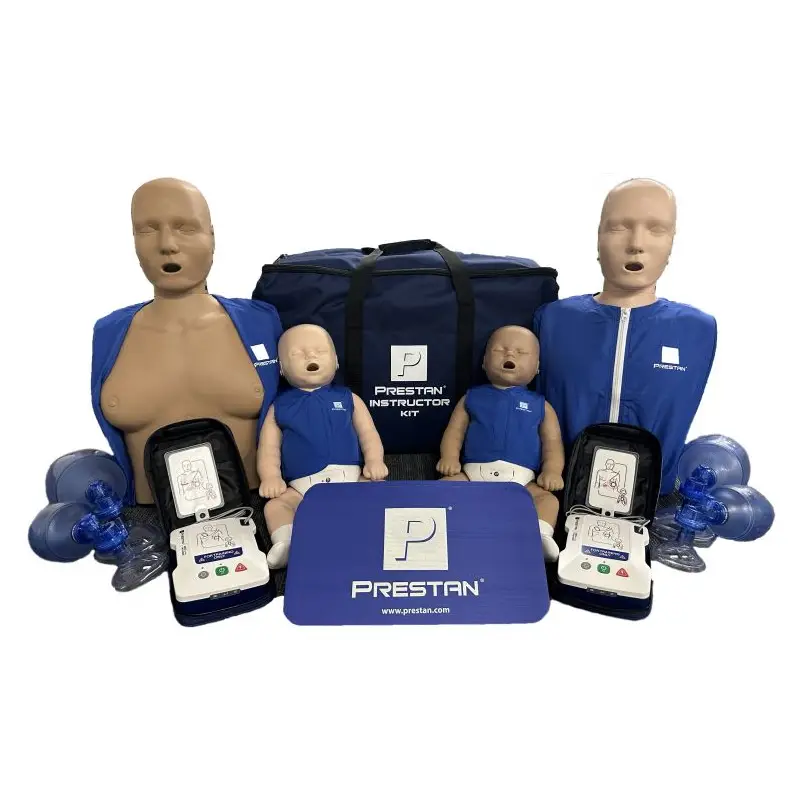 PRESTAN CPR Instructor Kit open showing manikins and AED trainer components