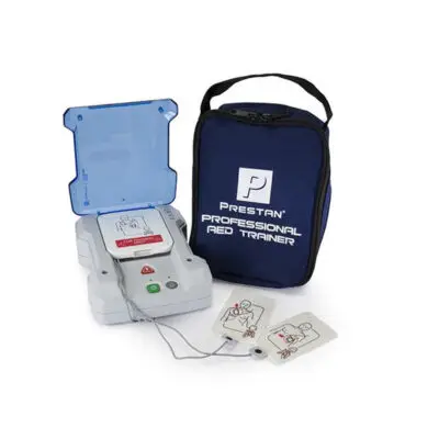 PRESTAN AED Trainer Plus device with pads attached ready for training session